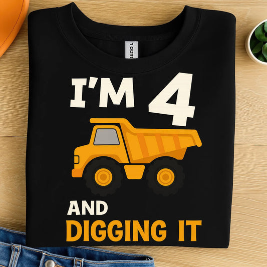 4th Birthday Boy PNG Clipart – I’m 4 and Digging It Construction Truck Theme Digital Art for Kids Birthday T-Shirts, Mugs, Sublimation, DTF